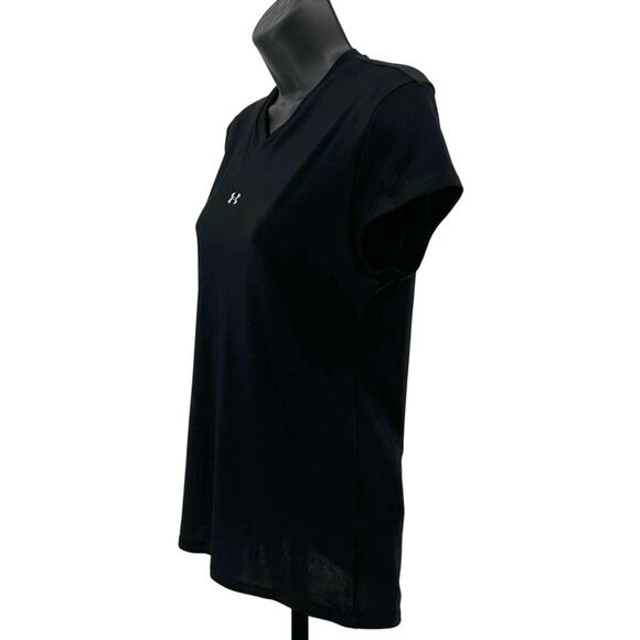 Under Armour Shirt WMNS XL Athletic V-Neck Pullover Black Short Sleeve Stretchy - Picture 3 of 5